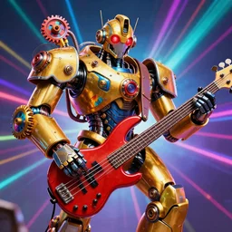 portrait photo of a giant huge golden and blue metal humanoid steampunk robot bass player with multicolored big gears and tubes, a red bass, eyes are glowing red lightbulbs, shiny crisp finish, 3 d render, 8 k, insaneley detailed, fluorescent colors, background is multicolored lasershow