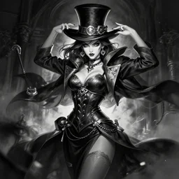 a highly detailed illustration of female noir black and white magician, dramatic flashy pose, art by artgerm, intricate, elegant, highly detailed, centered, digital painting, artstation, concept art, smooth, sharp focus, league of legends concept art, wlop.