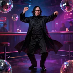 Severus Snape is dancing in a disco bar, full body, realistic, digital painting, neon lighting, cyberpunk