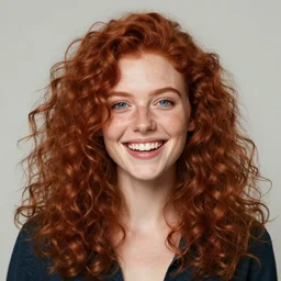 a young woman with curly red hair, freckles, smart, portrait, shallan davar, blue eyes, smiling laughing, thick hair, rpg, dnd, artgerm style