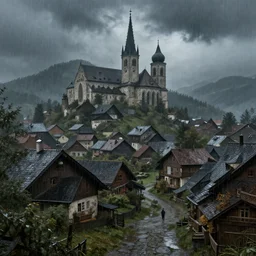 extreme long shot concept art depicted rainy old austrian village, high details, dramatic mood, deep environment, art by legends of runeterra and tomasz jedruszek, trending on artstation, unreal engine, 8 k, 4 k