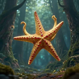 cu of a large five armed golden and ruby encrusted ornate starfish shaped weapon, as it flies thru a ancient forest