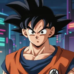 anime fine details portrait of Goku in front of cyberpunk moder city landscape on the background deep bokeh, close-up view, anime masterpiece by Studio Ghibli. 8k, sharp high quality anime, artstation