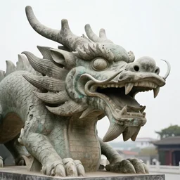 A statue of a dragon head, the head has legs, but no body.