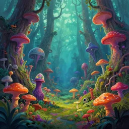 a forest of alien fungi and plants, award winning concept art, colorful, vibrant, surreal, from a science fiction book cover, trending on artstation