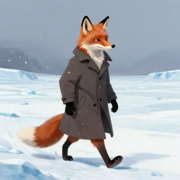 an anthropomorphic fox man wearing a long coat walking across a glacier, paws, blizzard, character illustration by Aaron Miller, Greg Rutkowski, thomas kinkade, Howard Pyle, disney, El Greco, Cynthia Sheppard