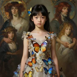 young japanese girl in dress made of butterfly, realistic portrait, highly detailed, digital painting, artstation, concept art, smooth, sharp focus, illustration, cinematic lighting, art by artgerm and greg rutkowski and alphonse mucha and boris vallejo and frank frazetta