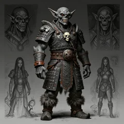 goblin, wearing mongolian tribal armor, skull amulet, rust bracelet, fur boot, beksinski and moebius, dark tone, gritty, fanged imp, full body concept, stone texture, beksinski, ruan jia, moebius, lois van baarle, dark soul concept art