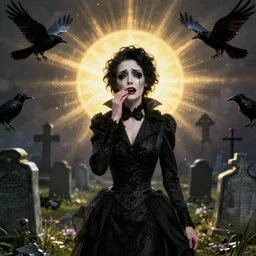 style of Edward Gorey and Tim Burton, woman in black dress crying in the graveyard, crows circling overhead