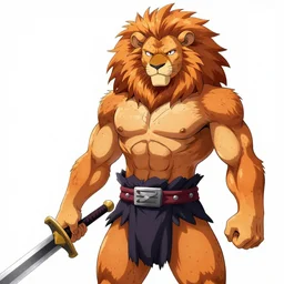 muscular lion barbarian wearing a holding a sword, fursona, anthro, male, anime key visual, detailed orange fur, loincloth, makoto shinkai, portrait