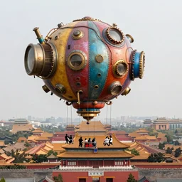 large colorful futuristic space age metallic steampunk steam - powered balloons with pipework and electrical wiring around the outside, and people on rope swings underneath, flying high over the beautiful forbidden city in beijing city landscape, professional photography, 8 0 mm telephoto lens, realistic, detailed, photorealistic, photojournalism