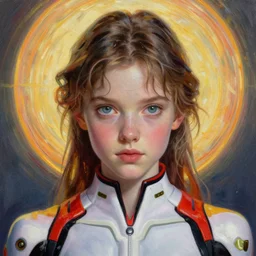 painting, young girl, beautiful face, gorgeous, face visible, heavenly, halo, cinematic lighting, eva suit, wallpaper, extremely detailed, sharp focus, by greg rutkowski and [ [ [ wlop ] ] ], intricate, beautiful, award winning, trending on artstation, pixiv