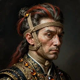 portrait of a Shibari rope wrapped face and neck, headshot, insanely nice professional hair style, dramatic hair color, digital painting, of a old 17th century, old cyborg merchant, amber jewels, baroque, ornate clothing, scifi, realistic, hyperdetailed, chiaroscuro, concept art, art by Franz Hals and Jon Foster and Ayami Kojima and Amano and Karol Bak,