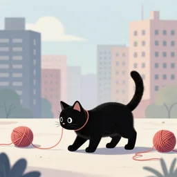 A small black cat exploring a city made out of yarn, digital art