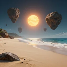 a wide angle color movie still of a beach on an alien planet with floating rocks, three suns, beautiful shot on celluloid with panavision cameras, panavision lenses, 3 5 mm film negative width, anamorphic projection format, critically acclaimed, oscar winning practical effects