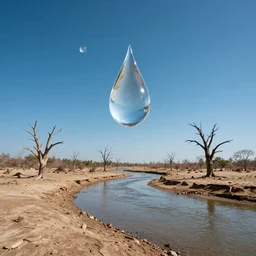 beautiful panorama of many magnificent big raindrops flying upwards into the perfect cloudless blue sky from a dried up river in a desolate land, dead trees, blue sky, hot and sunny highly-detailed, elegant, dramatic lighting, artstation, 4k, cinematic landscape, masterpiece photograph by Elisabeth Gadd