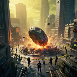 cyberpunk style city, a meteorite hit the center of the city, many police and soldiers set up a cordon around, 4 k, cg, sunlight, cinematic, highly detailed, wallpaper