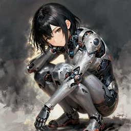 manga anime tired damaged cyborg girl smiling crouching detailed rendering realistic drawing painting hd key visual official media with frank Miller Alex Ross giger style trending Instagram