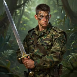 a portrait of a chad soldier, wearing camouflage, holding a sword, warpaint, jungle, deep focus, d & d, fantasy, intricate, elegant, highly detailed, digital painting, artstation, concept art, matte, sharp focus, illustration, hearthstone, art by artgerm and greg rutkowski and alphonse mucha