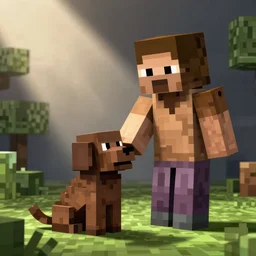 minecraft screenshot, steve petting a chocolate brown labradoodle