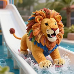 a closeup photorealistic photograph of a colorful knitted wonder woman themed lion riding down a water slide. splashing. professional capture. bright scene. this 4 k hd image is trending on artstation, featured on behance, well - rendered, extra crisp, features intricate detail, epic composition and the style of unreal engine.