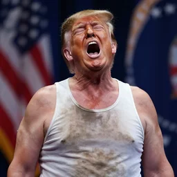 photo of trump wearing a dirty tank top visibly drunk yelling