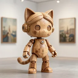 3D octane render ultra 8K photorealistic hyperdetailed unreal engine ,a wooden a very cute mystical robot of the roman godess with cat’s ears in a zen rebelle heroic pose ,concept art ,trending on cgsociety ,artwork masterpiece , in a contemporary art gallery in neo Paris