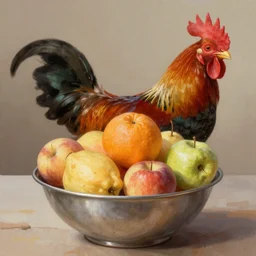 fruit bowl with a rooster in the background, digital painting