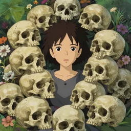 young goddess, beautiful symmetrical face detailed face, realistic proportions, wearing a dark grey dress, peering from behind an enormous conical pile of skulls with flowers in the background, lush painting in the style of studio ghibli