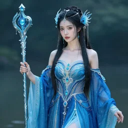 photograph of a real-life beautiful elemental water witch with ornate blue robes and staff.  Extremely detailed. 8k