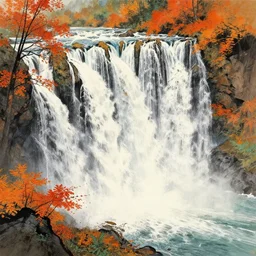 an endless waterfall, autumn colour splash, painted with a thick brush, detailed sumi - e illustration