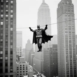 old black and white photo, 1 9 2 5, depicting batman with spread cape walking on a tightrope through skyscrapers of new york city, rule of thirds, historical record