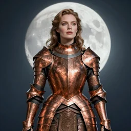 elegant female knight in copper colored plate armor who looks like michelle pfeiffer, moonlight in the background, illustration by arthur rackham, soft lighting, HD, sharp focus, intricate, masterpiece, concept art, character design