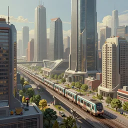 a futuristic city with skyscrapers and a train, a detailed matte painting by Stephan Martinière, cgsociety, panfuturism, matte painting, cityscape, greeble