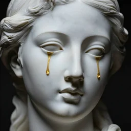 beautiful face, made of porcellaine, golden tears, moody lighting, dark background, high contrast, textured paint strokes on the face, detailed marble texture