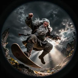 Gandalf the gray doing a kickflip fisheye lens