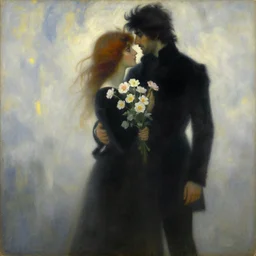 a painting of until the end of time, i'll be there for you, you own my heart and mind, i truly adore you, flowers, black couple, in the style of delphin enjolras and alphonse mucha, hazy, cloudscape