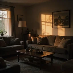 tastefully decorated dark dreamy living room, soft focus cinematic still, dark dreamy golden sunset dappled light