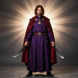 full body portrait of RASPUTIN wearing a highly detailed deep purple and crimson robe with cloak. Cinematic dynamic lighting with backlight. Rasputin holds a machete in each hand. portrait by Annie Leibovitz