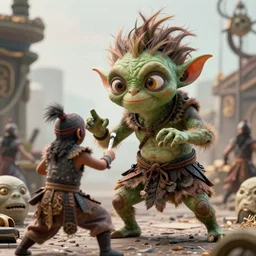 highly detailed portrait of a movie gremlin, attacking a human warrior. depth of field, breathtaking, detailed and intricate environment, 8 k resolution, hyperrealistic, octane render