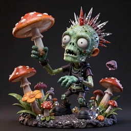 cartoonish portrait of a punk rock zombie turning into flowers and mushrooms, covered in crystals and glitter, dramatic lighting, sculptural, intricate detail