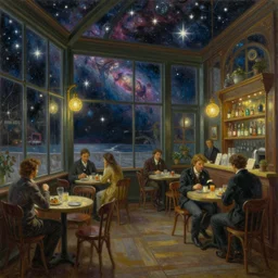 a beautiful panoramic painting of a large cozy cafe, stars and nebulas through the windows, moebius, thomas cole, patrick markle, moody lighting, oil on canvas, 8 k, 4 k, highly detailed