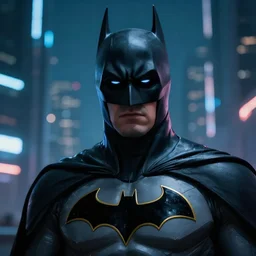 close - up of batman in a cyberpunk city