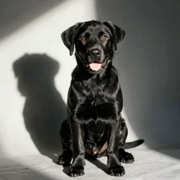 medium format photo of a young black lab looking happily at the camera photographed by william wegman in a hi end photo studi
