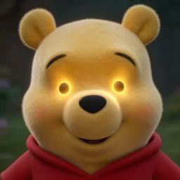 photograph of winnie the pooh with glowing eyes, light coming out of his eyes