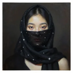 hyperrealism oil painting, portrait fashion model, face is wrapped in a black scarf made of stars, soft light, dark background, in style of classicism mixed with 8 0 s japanese sci - fi books art
