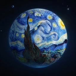 3d render of an egg shaped planet flying through interstellar space depicted by Vincent van Gogh, octane render