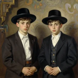 portrait of two boys gorgeous captivating jewish israeli ashkenazim glamour models painting by sargent and leyendecker, studio ghibli, medium shot asymmetrical intricate elegant illustration hearthstone, by greg rutkowski by greg tocchini by craig mullins