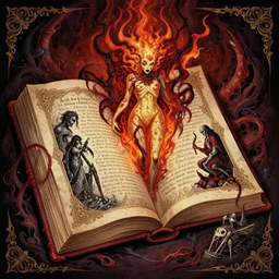 A horror illustration design of a prophecy book from hell revealing the fate of mankind,by M.W.kaluta , Andrew Ferez , Billelis ,aaron horkey, peter gric,trending on pinterest,rococo,hyperreal,maximalist,glittering,feminine-H 768