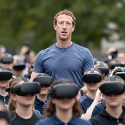 mark zuckerberg towering over a crowd of civilians who are wearing VR headsets
